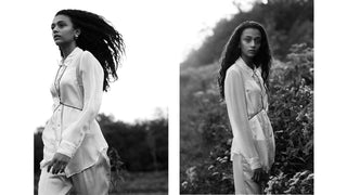 Two black and white images of a model from Develop Model Management.