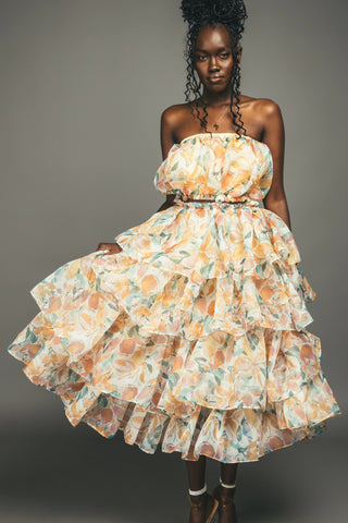 Model in a studio wearing a frilly dress by Regal Status.