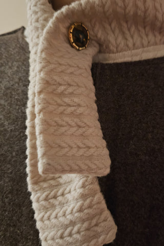 Close up of a cream knitted collar and decorative button by designer I'll Never Show In Paris.